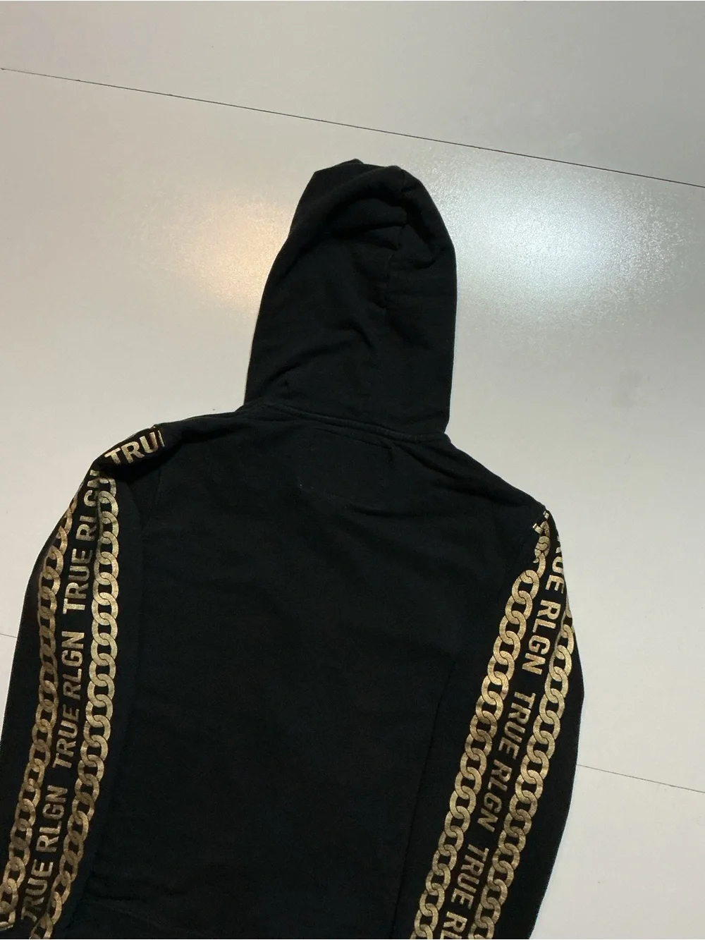 True Religion World Tour Gold Chain Link Fashion Black Full Zip Hoodie